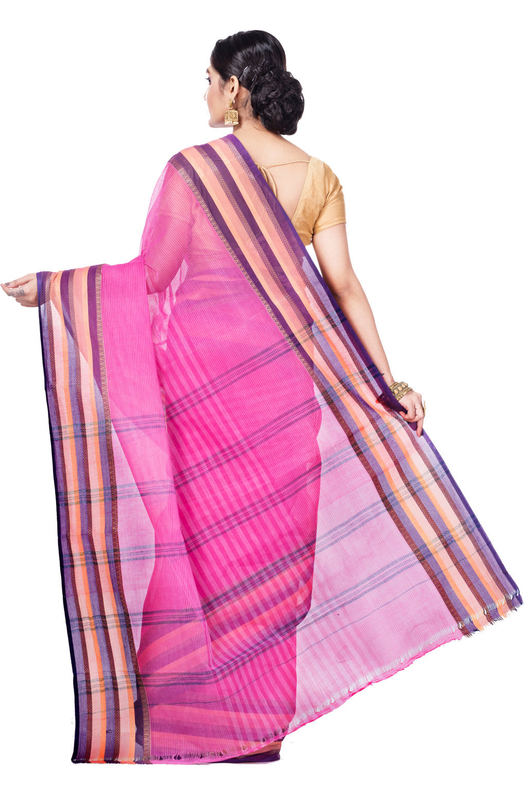 Pink Pure Cotton Khajur_Churi_Strip Tant Saree (658)